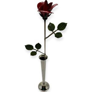 Vtg Mid Century Modern Ted Arnold Metal Desk Rose Flower Vase Gold Red-9.5"